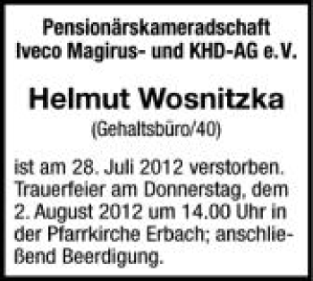 Anzeige von Helmut Wosnitzka von Schwäbische Zeitung
