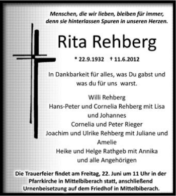 Anzeige von Rita Rehberg von Schwäbische Zeitung