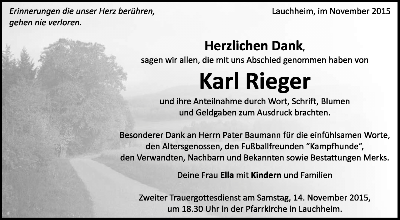  Traueranzeige für Karl Rieger vom 07.11.2015 aus Schwäbische Zeitung
