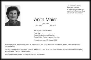 Anzeige von Anita Maier von Schwäbische Zeitung