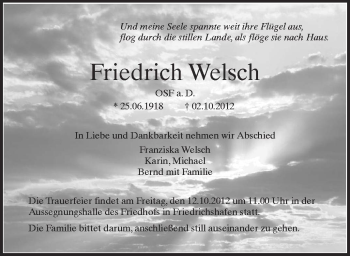 Anzeige von Friedrich Welsch von Schwäbische Zeitung