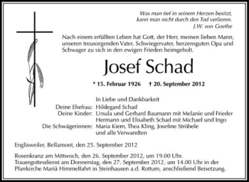Anzeige von Josef Schad von Schwäbische Zeitung
