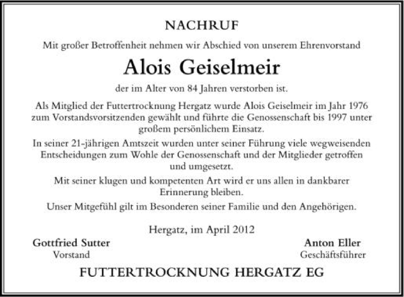  Traueranzeige für Alois Geiselmair vom 18.04.2012 aus Schwäbische Zeitung