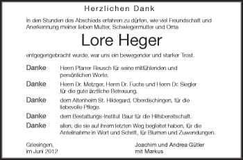 Anzeige von Lore Heger von Schwäbische Zeitung