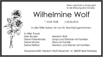 Anzeige von Wilhelmine Wolf von Schwäbische Zeitung