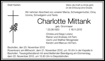 Anzeige von Charlotte Mittank von Schwäbische Zeitung