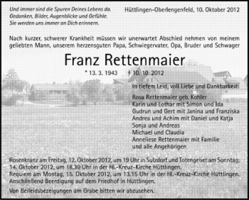 Anzeige von Franz Rettenmaier von Schwäbische Zeitung