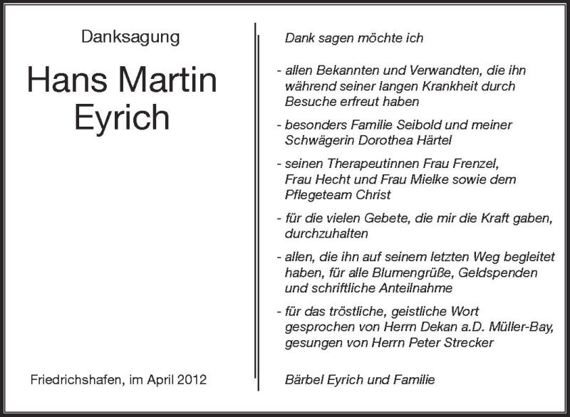  Traueranzeige für Hans Martin Eyrich vom 11.04.2012 aus Schwäbische Zeitung