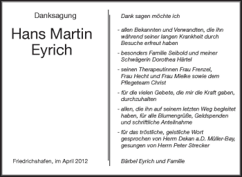 Anzeige von Hans Martin Eyrich von Schwäbische Zeitung