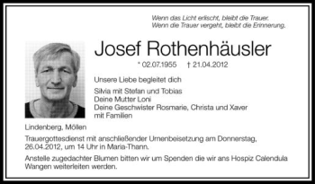Anzeige von Josef Rothenhäusler von Schwäbische Zeitung