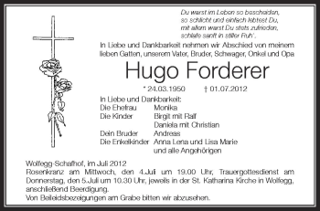 Anzeige von Hugo Forderer von Schwäbische Zeitung