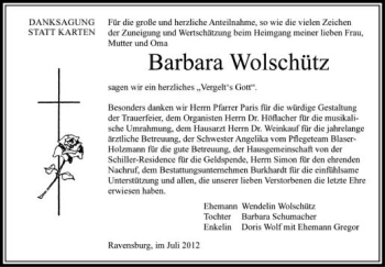 Anzeige von Barbara Wolschütz von Schwäbische Zeitung