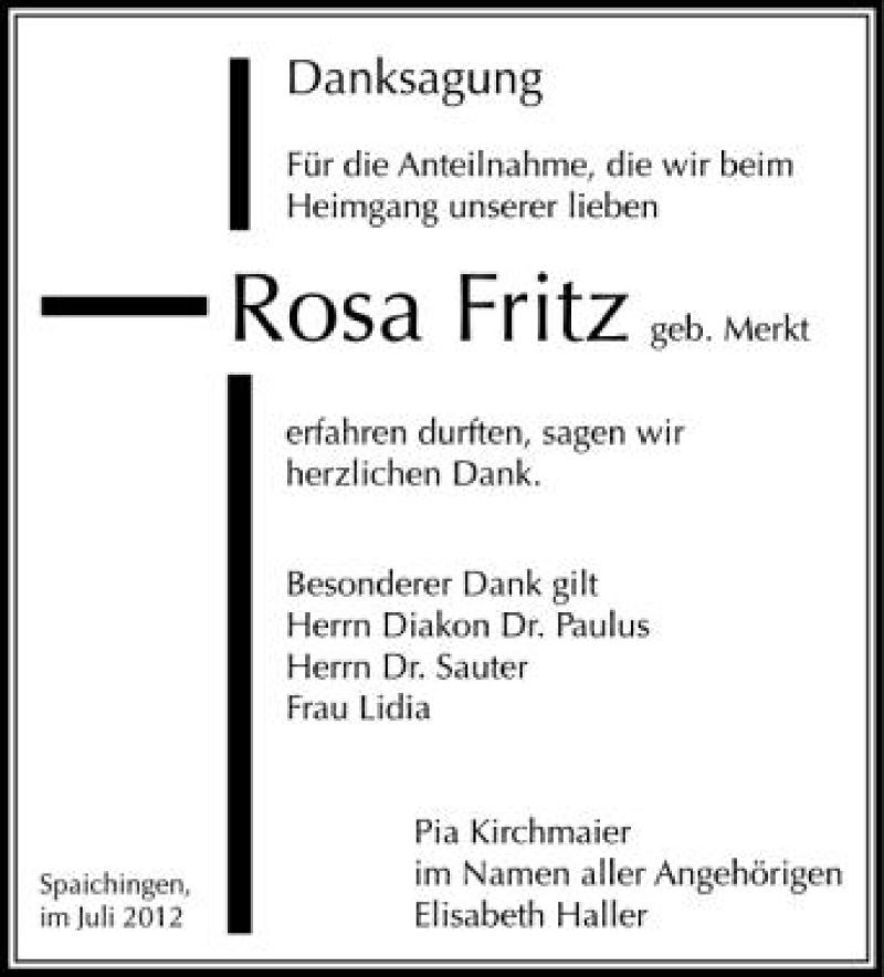  Traueranzeige für Rosa Fritz vom 14.07.2012 aus Schwäbische Zeitung