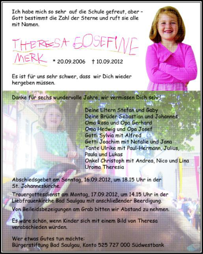  Traueranzeige für Theresa-Josefine Merk vom 14.09.2012 aus Schwäbische Zeitung