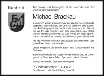 Anzeige von Michael Braekau von Schwäbische Zeitung