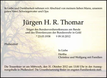 Anzeige von Jürgen H. R. Thomar von Schwäbische Zeitung