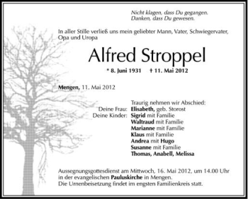 Anzeige von Alfred Stroppel von Schwäbische Zeitung