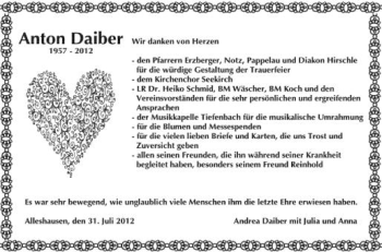 Anzeige von Anton Daiber von Schwäbische Zeitung