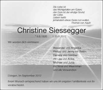 Anzeige von Christine Siessegger von Schwäbische Zeitung