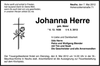Anzeige von Johanna Herre von Schwäbische Zeitung