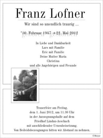 Anzeige von Franz Lofner von Schwäbische Zeitung