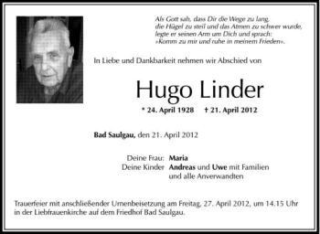 Anzeige von Hugo Linder von Schwäbische Zeitung