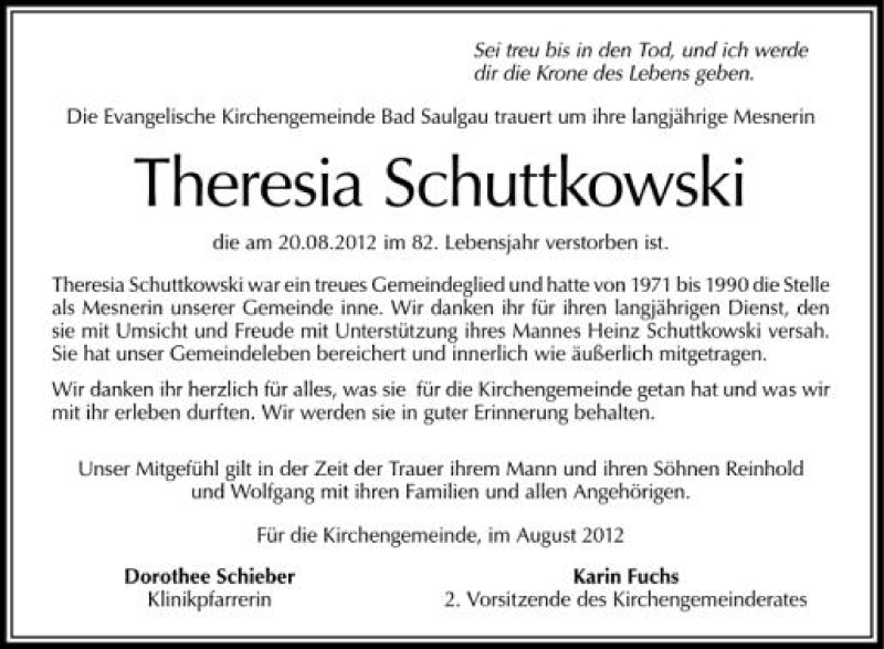  Traueranzeige für Theresia Schuttkowski vom 28.08.2012 aus Schwäbische Zeitung