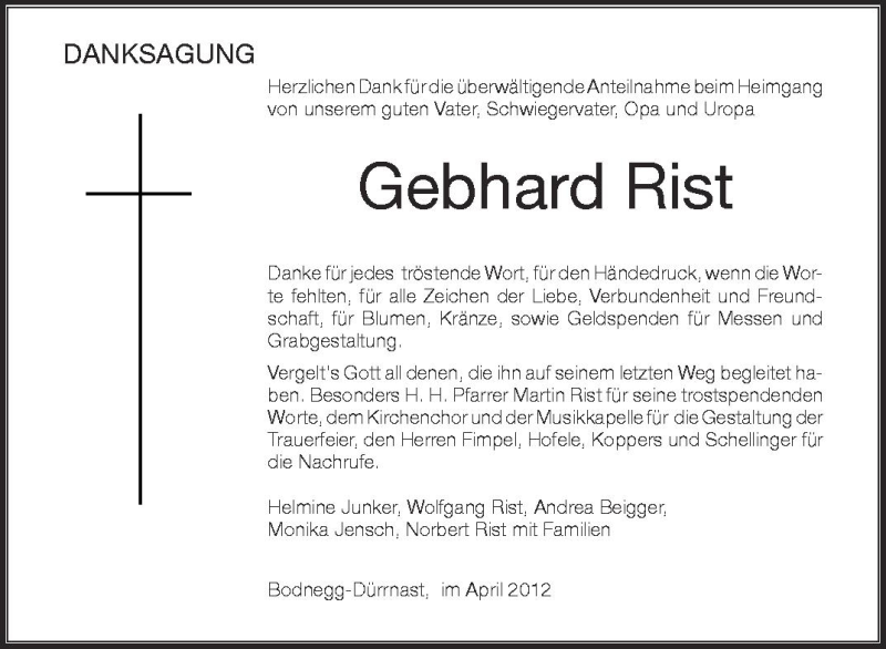  Traueranzeige für Gebhard Rist vom 21.04.2012 aus Schwäbische Zeitung