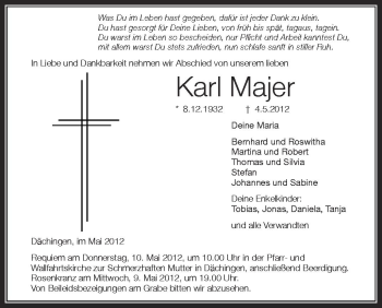 Anzeige von Karl Majer von Schwäbische Zeitung
