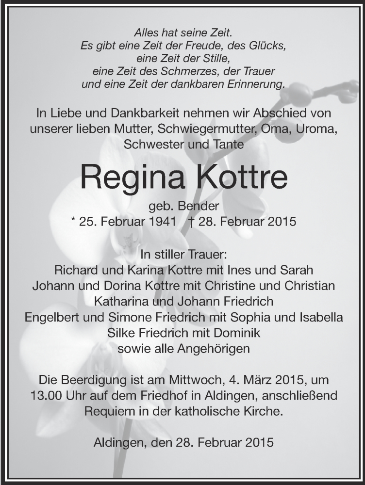 Traueranzeige für Regina Kottre vom 03.03.2015 aus Schwäbische Zeitung
