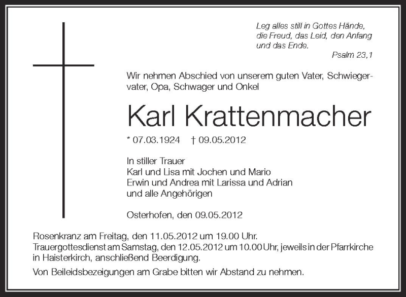  Traueranzeige für Karl Krattenmacher vom 10.05.2012 aus Schwäbische Zeitung