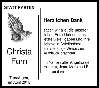 Anzeige von Christa Forn von Schwäbische Zeitung