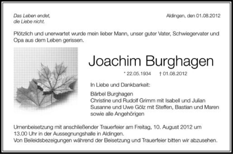  Traueranzeige für Joachim Burghagen vom 07.08.2012 aus Schwäbische Zeitung