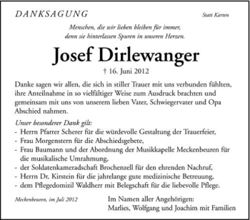 Anzeige von Josef Dirlewanger von Schwäbische Zeitung