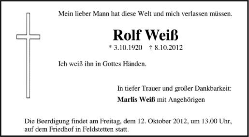  Traueranzeige für Rolf Weiß vom 10.10.2012 aus Schwäbische Zeitung