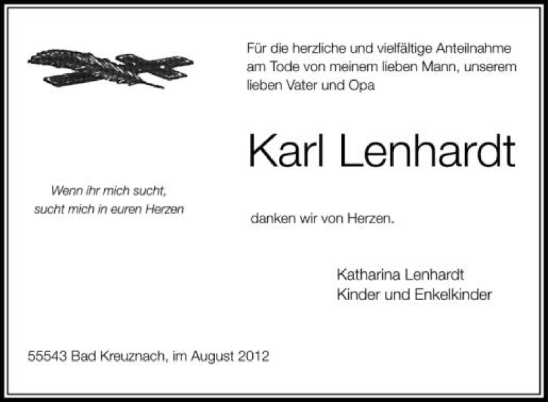  Traueranzeige für Karl Lenhardt vom 04.08.2012 aus Schwäbische Zeitung