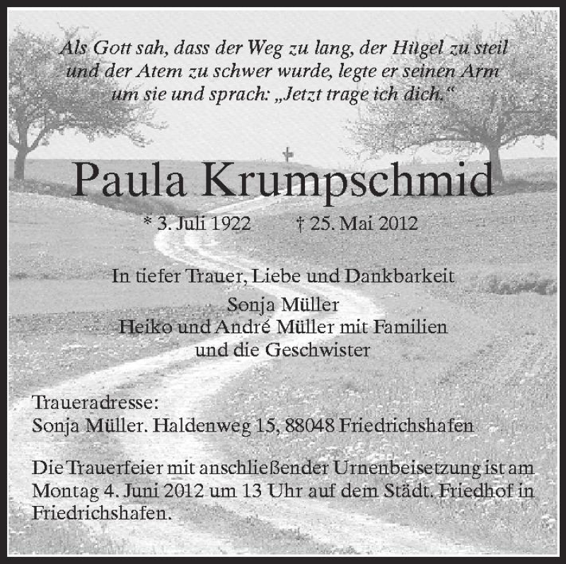 Traueranzeige für Paula Krumpschmid vom 31.05.2012 aus Schwäbische Zeitung