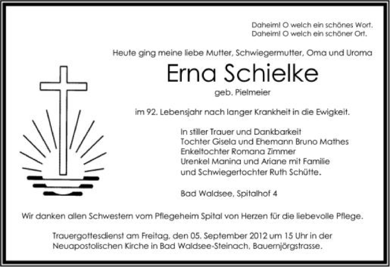  Traueranzeige für Erna Schielke vom 02.10.2012 aus Schwäbische Zeitung