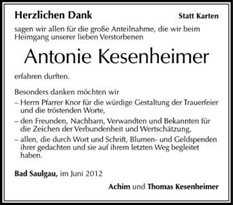  Traueranzeige für Antonie Kessenheimer vom 09.06.2012 aus Schwäbische Zeitung