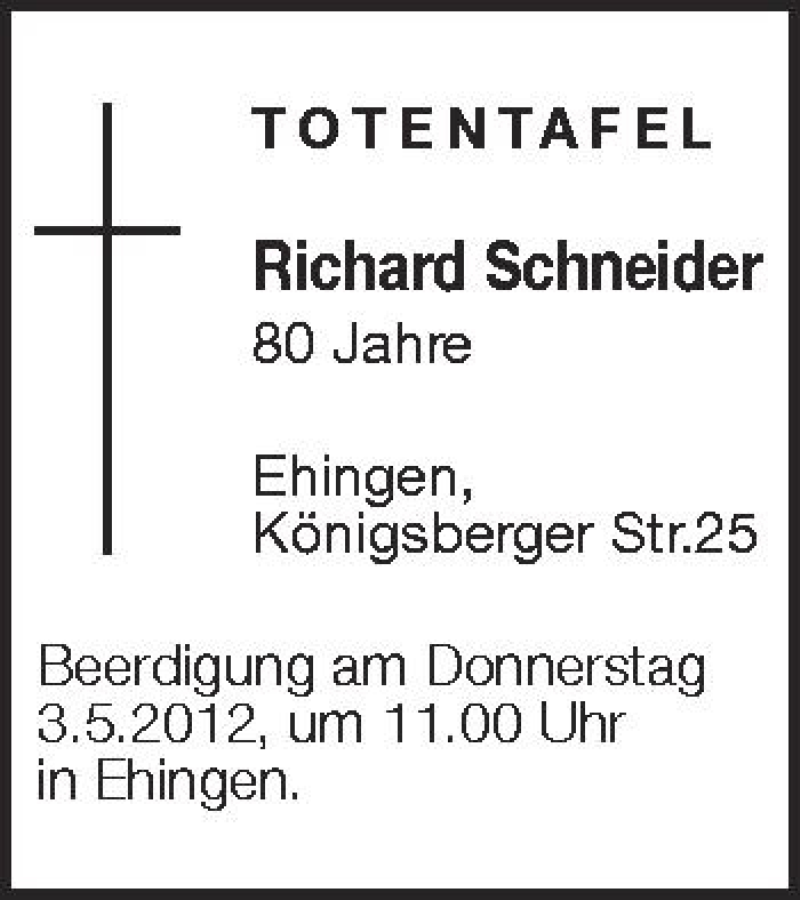  Traueranzeige für Richard Schneider vom 30.04.2012 aus Schwäbische Zeitung