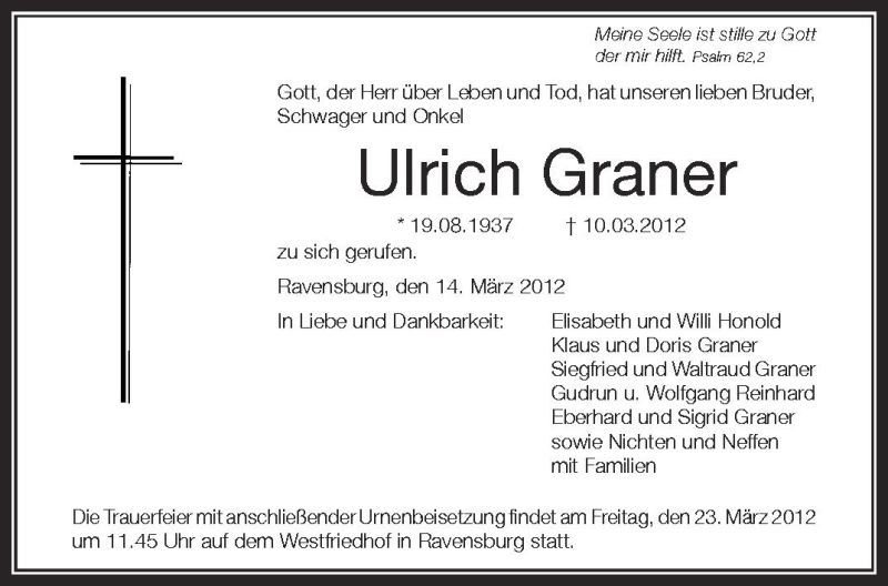  Traueranzeige für Ulrich Graner vom 19.03.2012 aus Schwäbische Zeitung