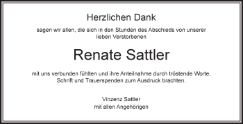 Anzeige von Renate Sattler von Schwäbische Zeitung