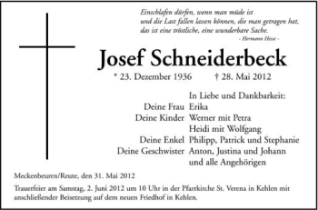 Anzeige von Josef Schneiderbeck von Schwäbische Zeitung
