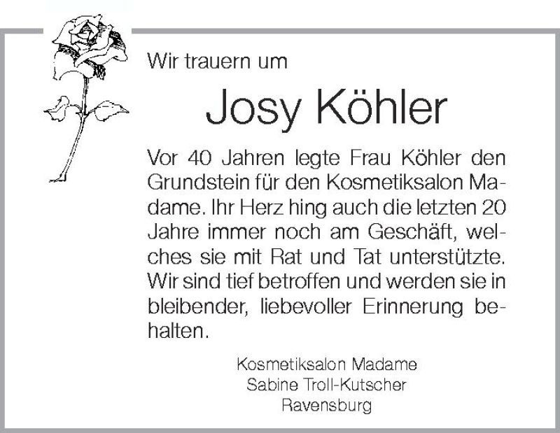  Traueranzeige für Josy Köhler vom 18.09.2012 aus Schwäbische Zeitung