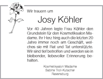 Anzeige von Josy Köhler von Schwäbische Zeitung
