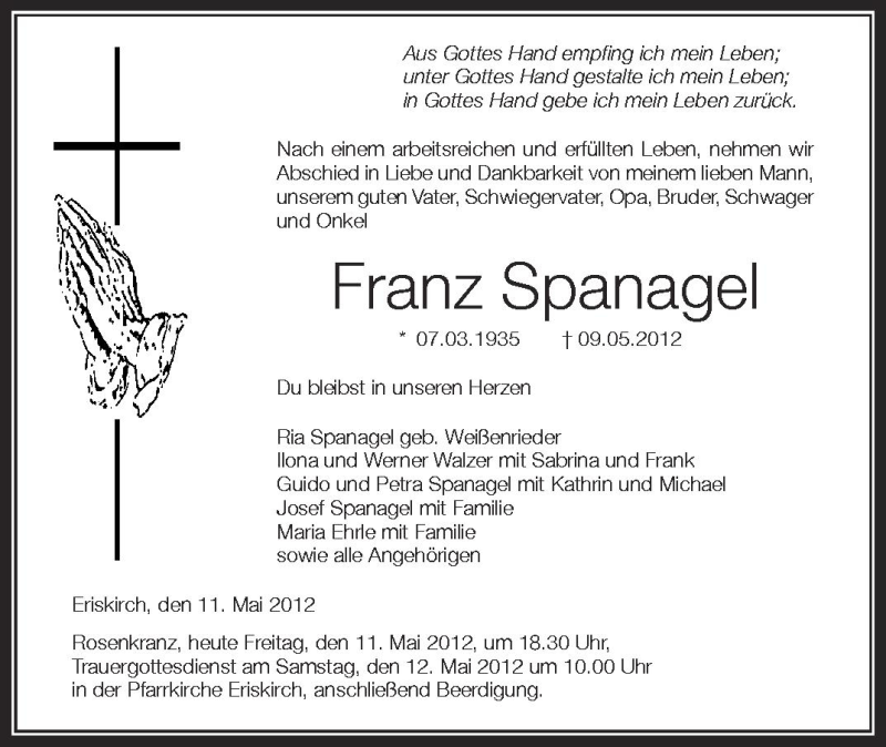  Traueranzeige für Franz Spanagel vom 11.05.2012 aus Schwäbische Zeitung