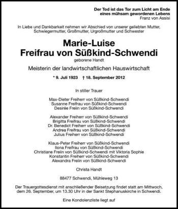 Anzeige von Marie-Luise Freifrau von Sükind-Schwendi von Schwäbische Zeitung