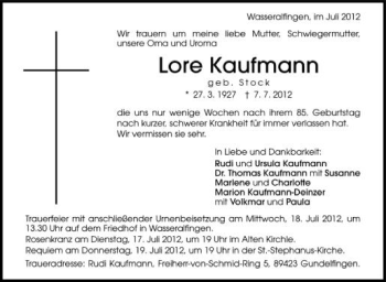Anzeige von Lore Kaufmann von Schwäbische Zeitung