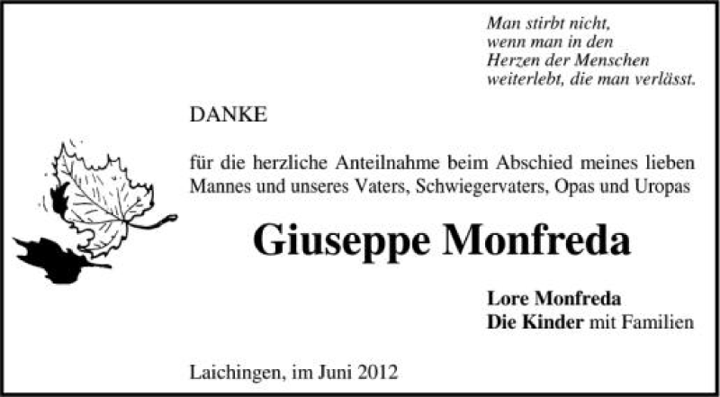  Traueranzeige für Giuseppe Monfreda vom 08.06.2012 aus Schwäbische Zeitung