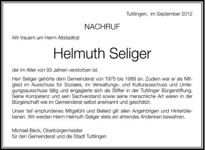  Traueranzeige für Helmuth Seliger vom 20.09.2012 aus Schwäbische Zeitung